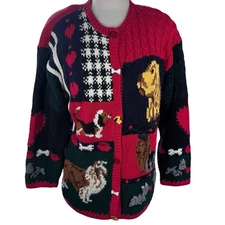 Vtg Womens Eagles Eye Cardigan Sweater Size M Dog Cottage Core Knit Button Up