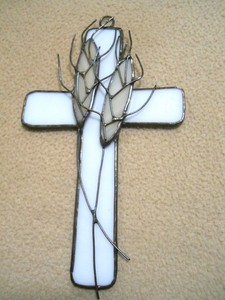 Handcrafted Stained Glass Suncatcher 6" Cross with Wheat Stalk Accents