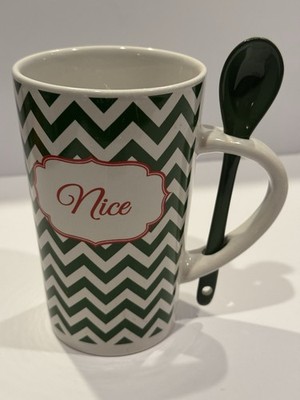 Christmas Nice Chevron Mug with Spoon Green White Holiday Latte Cup