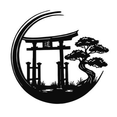 Japanese Zen Torii Gate Bonsai Tree Metal Sign Asian Wall Decor 12.8x12.2 Inch
