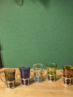 5x Vintage Colored Shot Glasses Metal Holders 