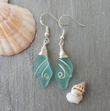 Hawaiian Jewelry Sea Glass Earrings, Wire Wave Aquamarine Earrings, Beach