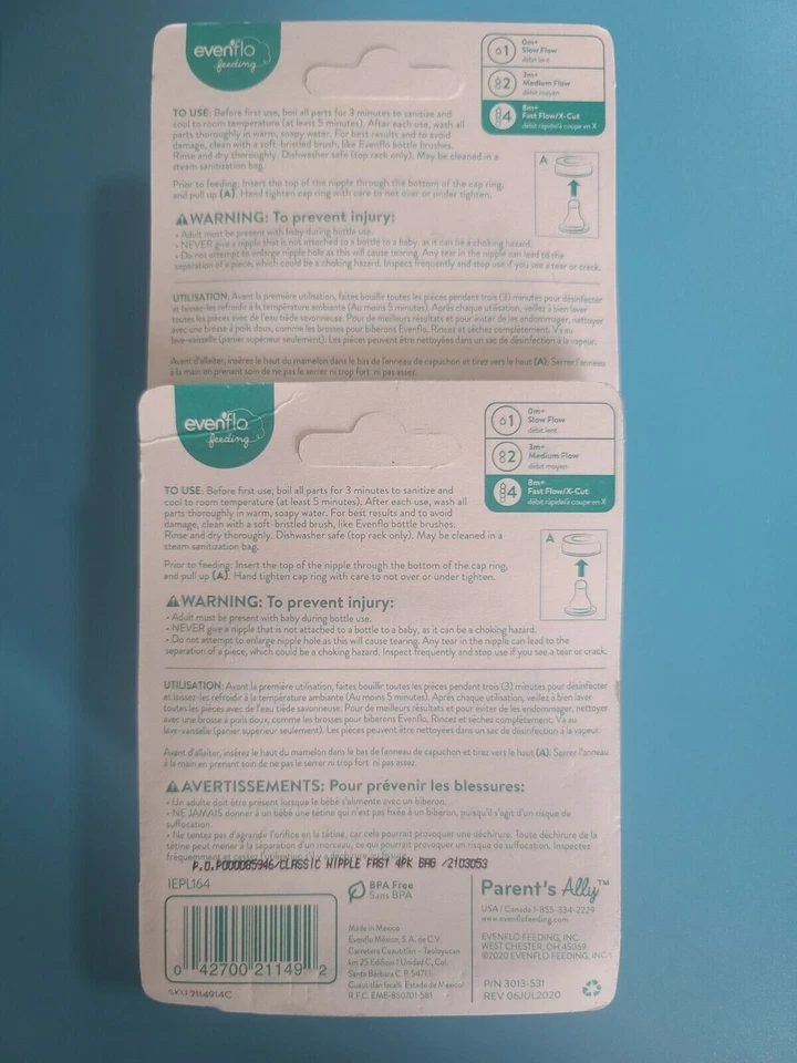 Lote de 2 (pacote com 4 mamilos Evenflo Classic padrão 8m+ fluxo rápido pacote com 4 - Imagem 2 de 2