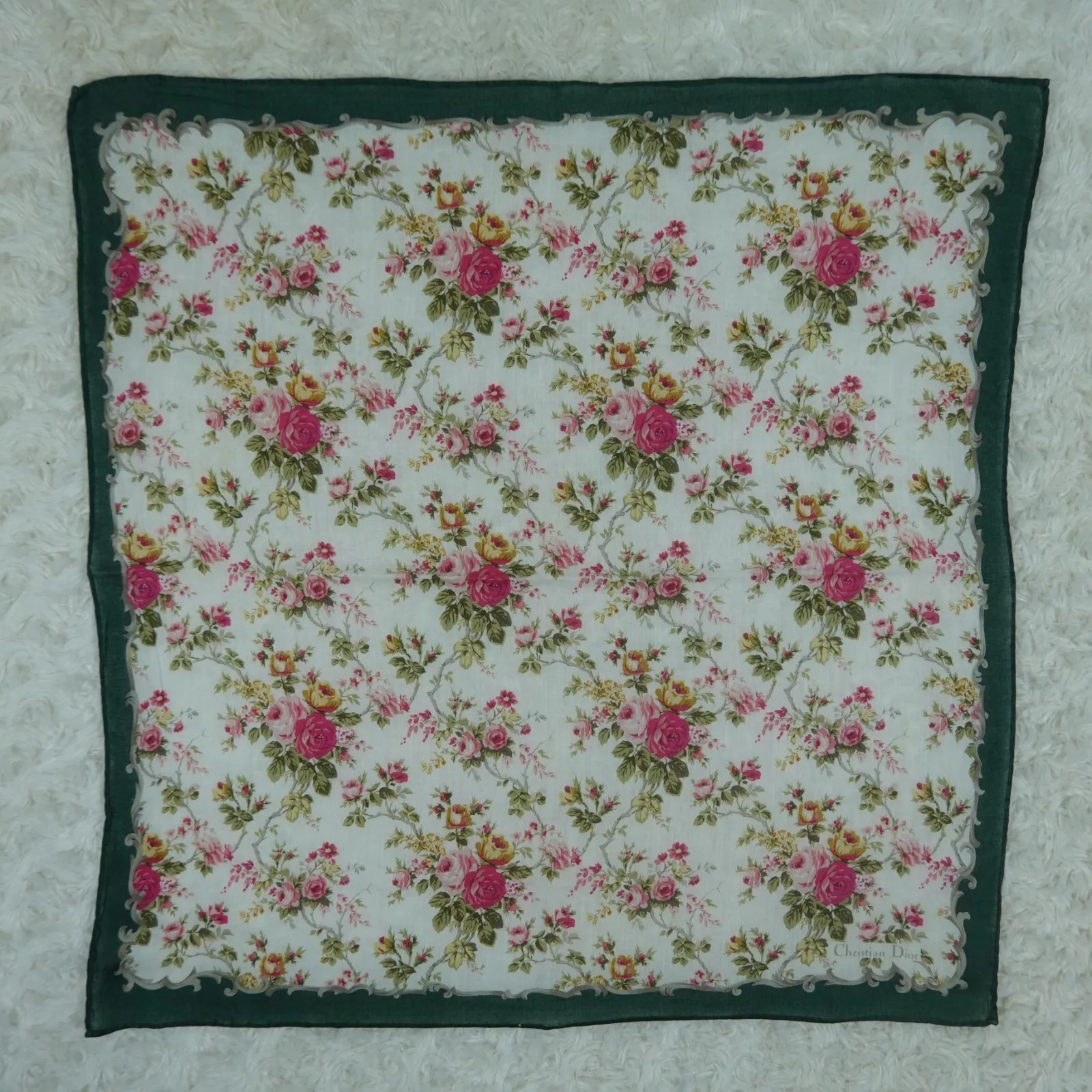 N544 CHRISTIAN DIOR Foulard coton vert fleur foulards poche carré 17,5