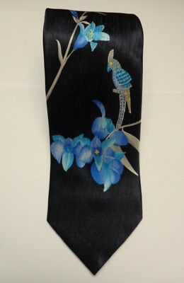 Leonard Paris Dessin No. 71100 Men's Silk Tie, Blue Floral Bird Pattern