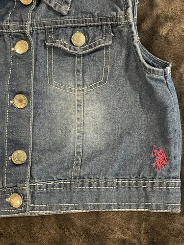 U.S. Polo Assn Denim Blue Jean Vest Button Pink Logo Collar Girls Size 8-10 - Picture 4 of 20