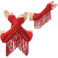 Womens Tassel Glitter Long Gloves Sequin Opera Fingerless Glove Rave Arm Sleeves