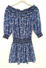 MICHAEL KORS Blue Floral Smocked Off Shoulder Dress Short Lined Size XS
