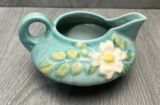 Vintage Roseville White Rose Pottery Creamer Pitcher Aqua Blue Small Floral USA