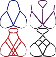 4 Pieces Women Harness Strappy Hollow Out Cross Elastic Cage Bra Cupless Bra Bod