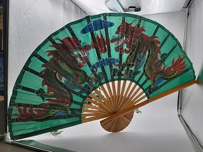 Giant Bamboo Fan Twin Dragons Handpainted Green Fabric Wall Decor 40 X 24 ''