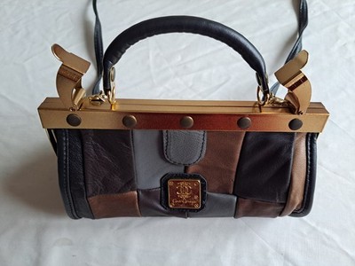 Vintage Handtasche Leder Conti Osvaldo 80er Jahre Patchwork braun schwarz grau