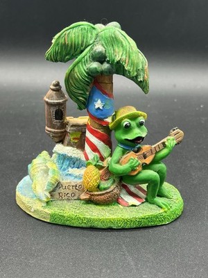 Puerto Rico Coqui Frog Figurine Guitar Palm Tree Souvenir Tropical Decor