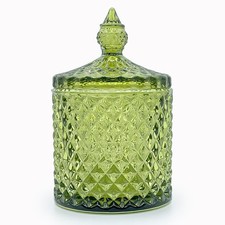 10 oz Olive Green Glass Candy Dish with Lid-Decorative Display Jar for Q-Tip ...