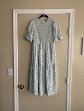 Tuckernuck Mint Green Gingham Sussex MIDI Dress Smocked Puff Bell Sleeve Sz.S