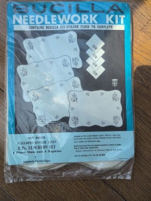 vintage Bucilla stamped needlework kit for a 8-piece luncheon set featuring...