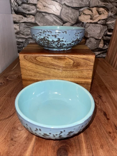 2 Vintage McCoy MCM Blue & Black Turquoise Brocade Cereal Bowl 5.75" Lava Drip