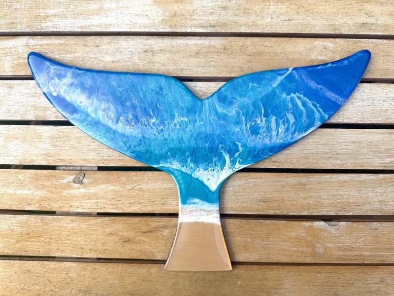 Ocean Resin Whale Tail Wall Art Handmade Coastal Beach Decor Wood 12” x 8”