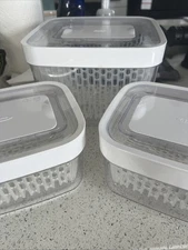 Set Of 3, OXO Good Grips, Produce Keepers!  One 4.3qt, And Two 1.6qt!