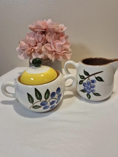 Vintage Stangl Pottery Creamer & Covered Sugar Bowl Set Blueberry Pattern