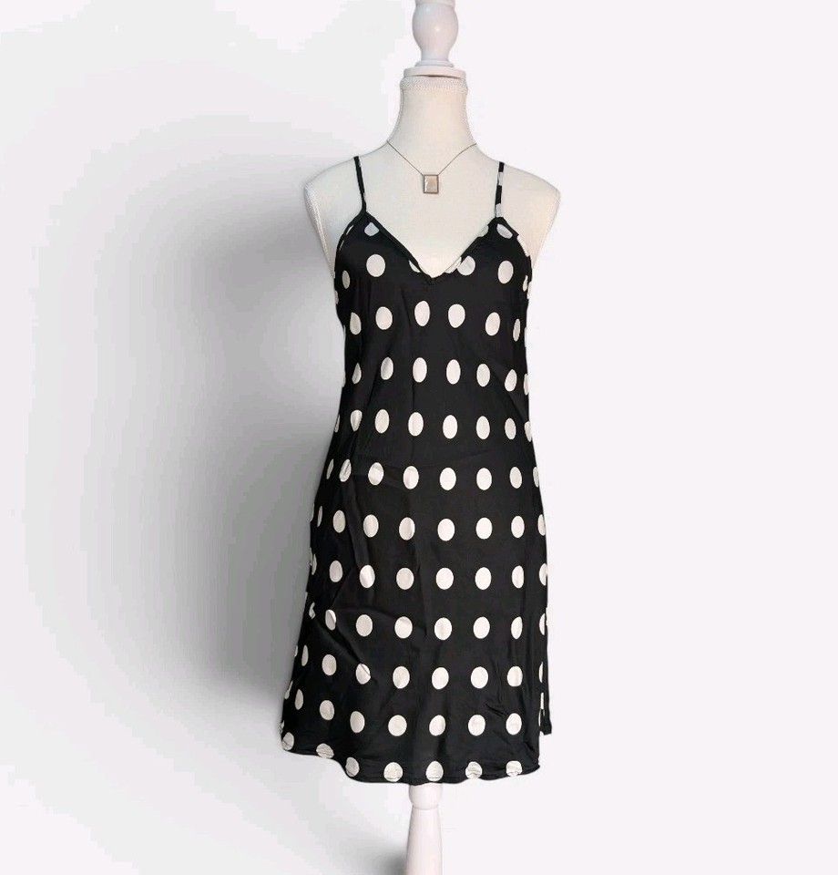 100% Silk Slip Dress Size 8 Black Polka Dot Mini 90s Grunge ÉSS THE LABEL
