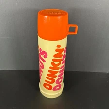 Vintage 1980s DUNKIN DONUTS Thermos w Cup Cap Hot Cold Vacuum Sealed Bottle