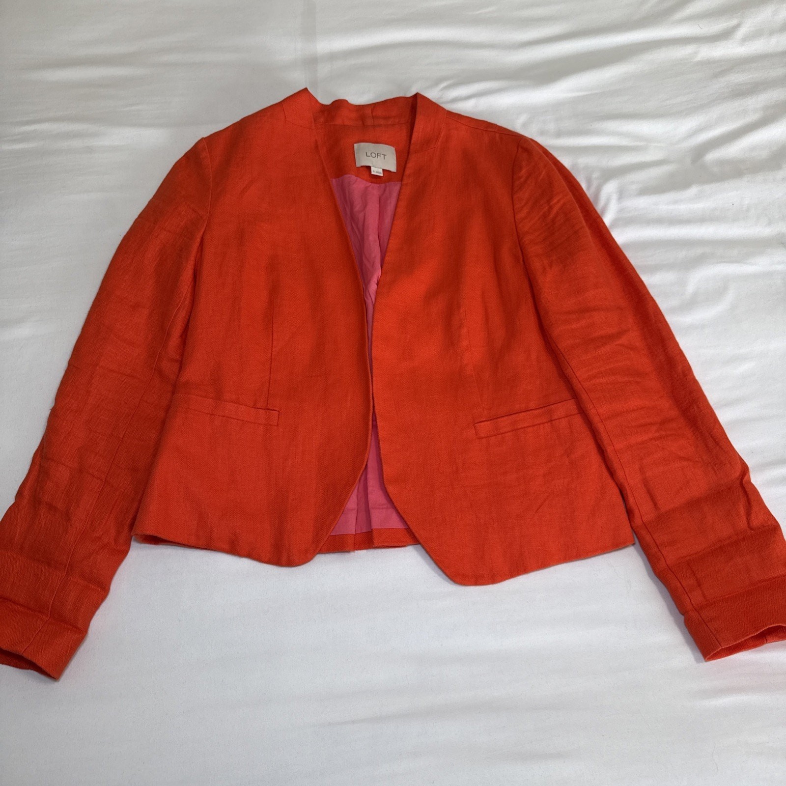 Ann Taylor LOFT Orange Linen Collarless Open Front Blazer Jacket Womens 6 Career