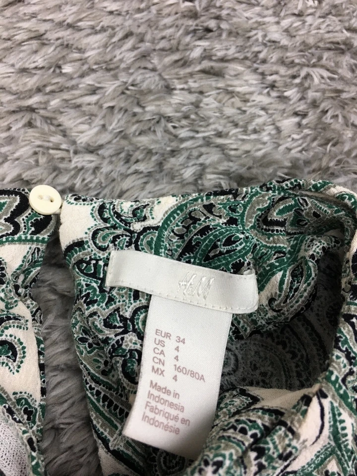 Blusa H&M Top Mujer Talla 4 Verde Blanco Manga Corta Top Paisley Foto 4 de 4