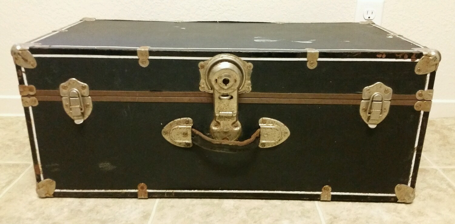 Vintage Black Coffee Table Trunk w/ Metal Corner & Edges Newspaper Lining 28"