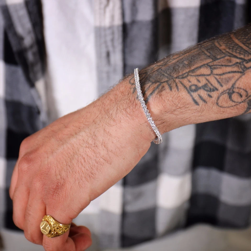 Покрытый белым золотом серебряный мужской теннисный браслет-цепочка с фианитом - Изображение 2 из 2