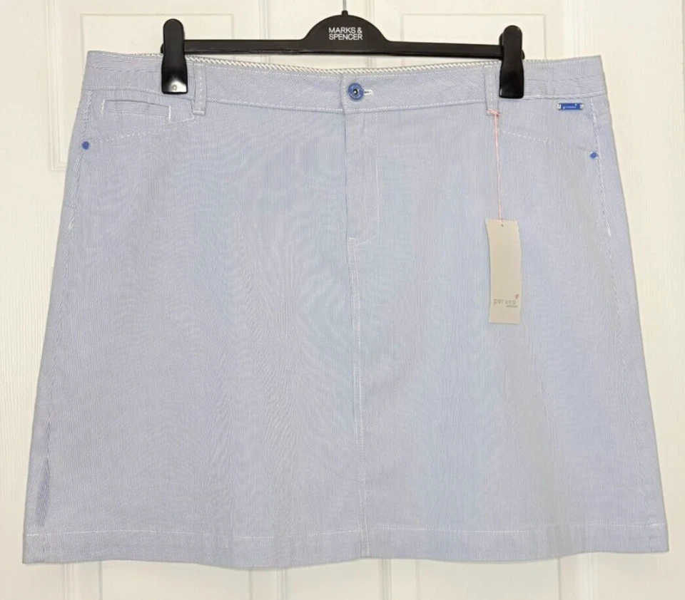 M&S Ladies Skirt Blue Striped Cotton Short Aline Stretch 22 BNWT Marks Per Una - Image 2 of 4