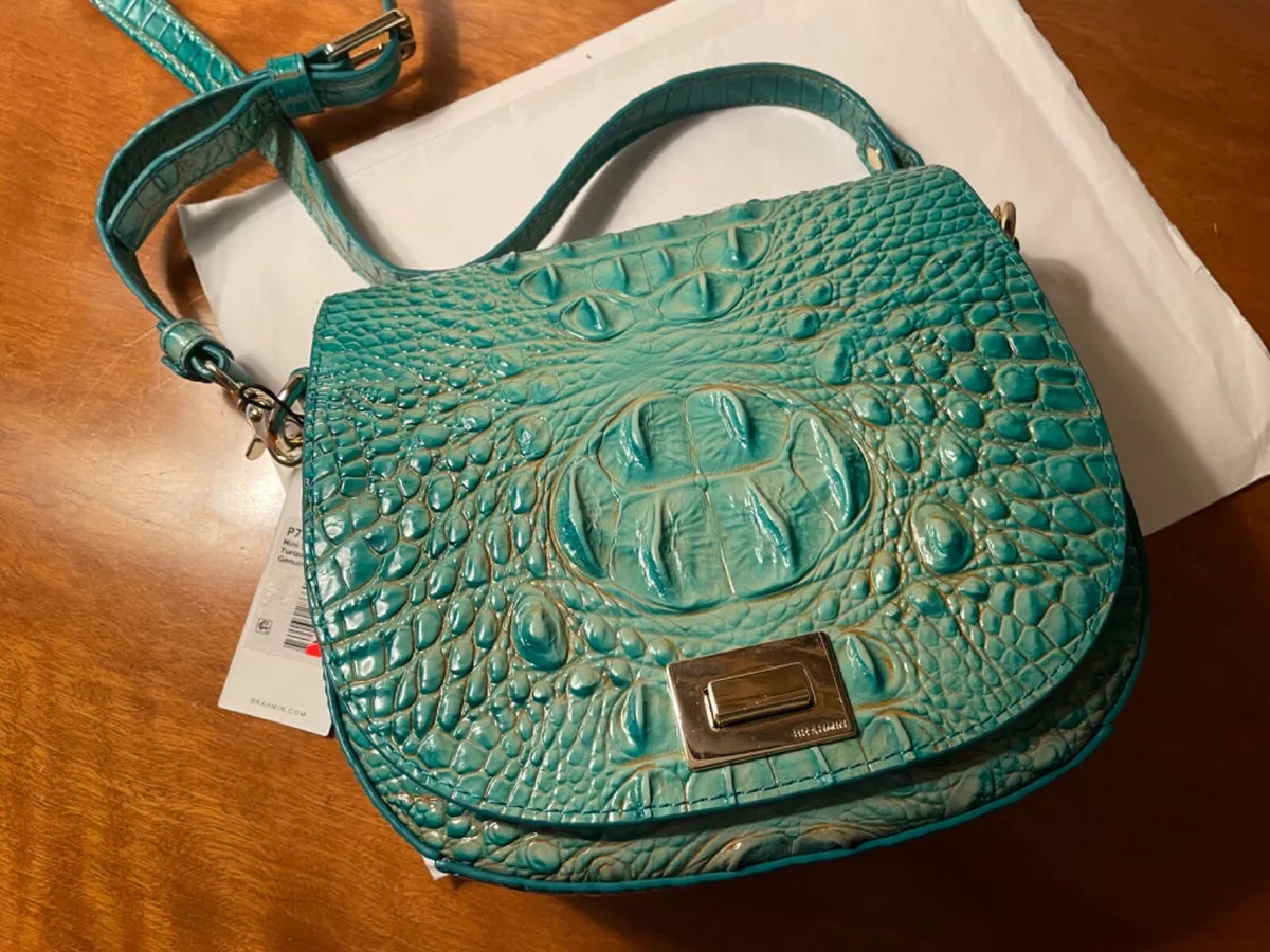 Nwt TURQUOISE Brahmin MINI SONNY Green Orange CROC Flap SADDLE BAG Crossbody