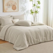 Oatmeal Complete Comforter Set, 7-Piece Pocket Bedding Comforter Set with Sheets
