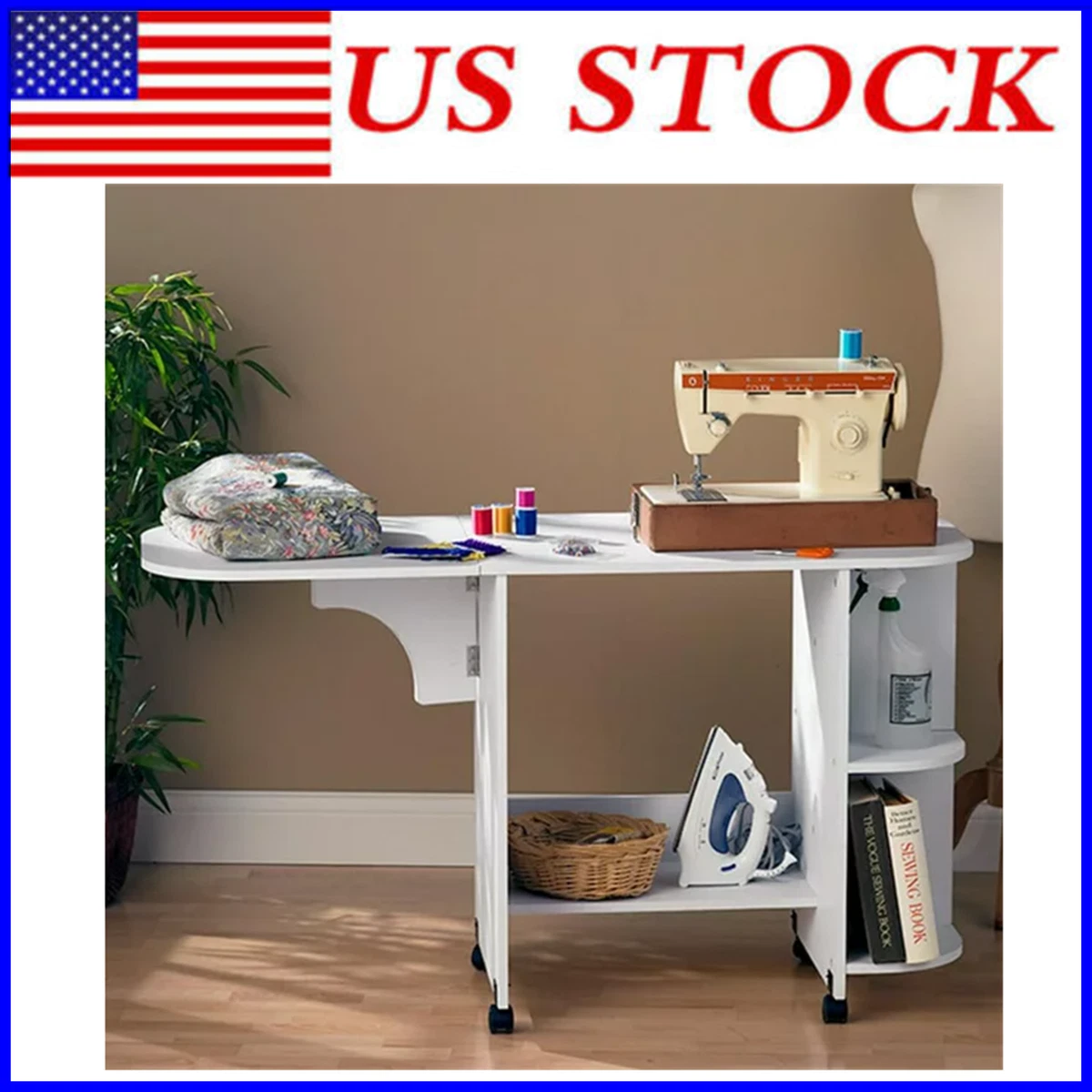 Folding Sewing Craft Table Shelves Storage Cabinet Portable Rolling Desk  White