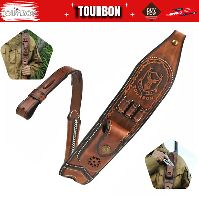 Genuine Leather Rifle Sling Gun Ammo Carry Strap w/Knife Sheath Pocket-TOURBON