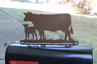 Cow and Calf Pair 2 Metal Mailbox Topper 7.5 Inches Tall Brown