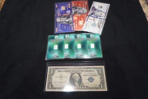 Currency Bundle! (3) 24k Gold Foils. (4) 2 Silver Bars. (1) Silver Cert!