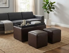 Carey Storage Bench With 2 Side Ottomans,Brown Faux Leather -OT08ESBR