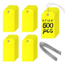 500 Pieces Plastic Shipping Tags with Wire Waterproof 4 3/4 x 2 3/8, Yellow