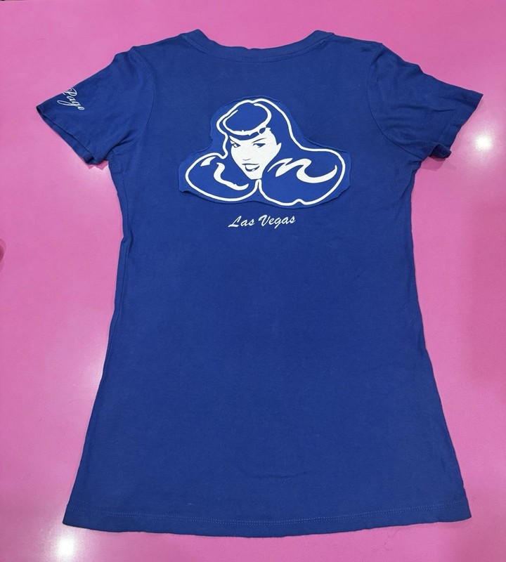 Bettie Page Olivia Las Vegas Blue V-Neck  Women's T-Shirt Size M- Rare 