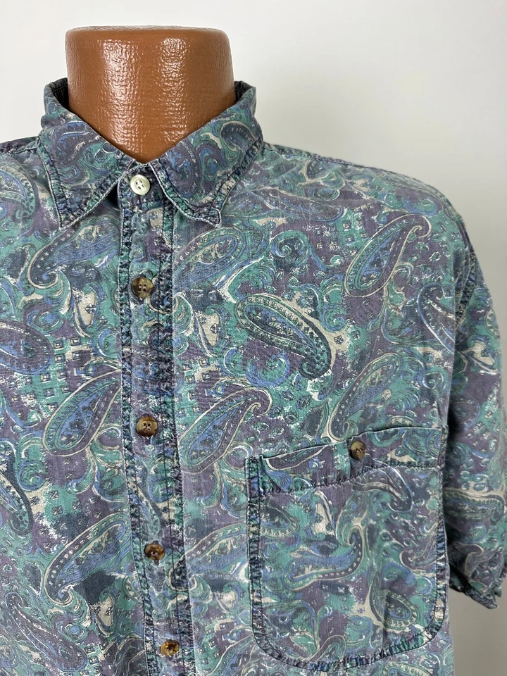 Camisa Paisley Vintage Años 80 Hombres XL Abotonada Desteñida Grunge Patín Floral Verde azulado Púrpura Foto 2 de 4