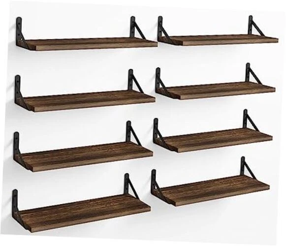 Floating Shelves, 4.75in Rustic Wood Wall, Dark Carbonized Black, 8pcs