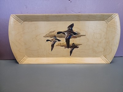 Vtg Set Of 5 Hasko Wood Covered Trays, Mallard Ducks, 16 1/2 x 7 1/2 inches