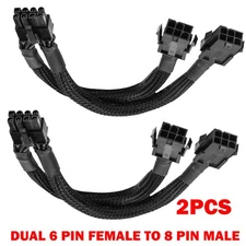 2Pack Dual 6 Pin Female to 8 Pin Male GPU Adapter Cable Braided Sleeved 20cm NEW