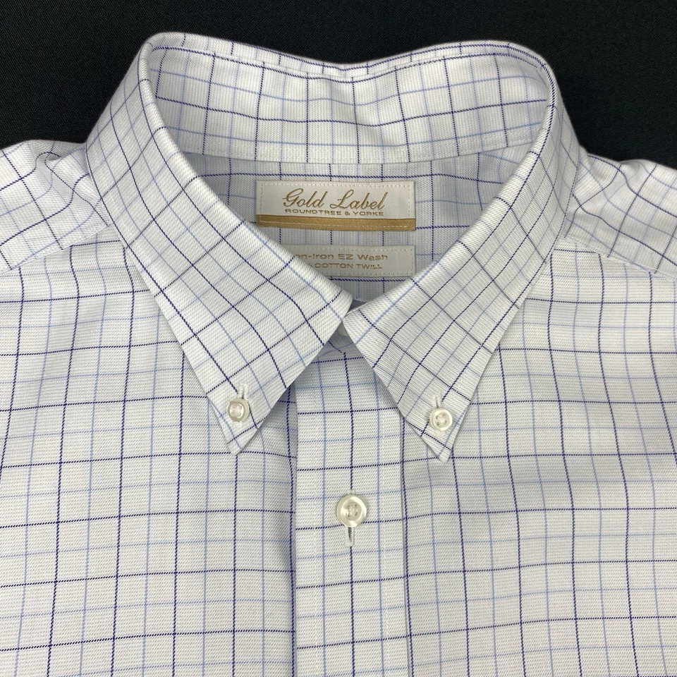 Roundtree & Yorke Gold Label Dress Shirt Men's 16-33 White w/Blue Checks Twill - Image 3 of 4