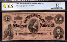 1864 $100 CONFEDERATE STATES OF AMERICA NOTE CURRENCY T-65 PF-1 PCGS B VF 30