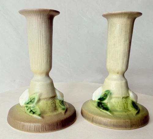 VTG 1950 PAIR ROSEVILLE POTTERY GRAY GARDENIA CANDLE STICK HOLDERS 652-4 1/2"