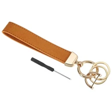1 Pcs Leather Wristlet Keychain with Key Ring and D Ring Screwdriver Gold/Brown