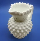 Vintage Fenton White Milk Glass 💙Hobnail Ruffled Rim Pitcher Handle Pinched