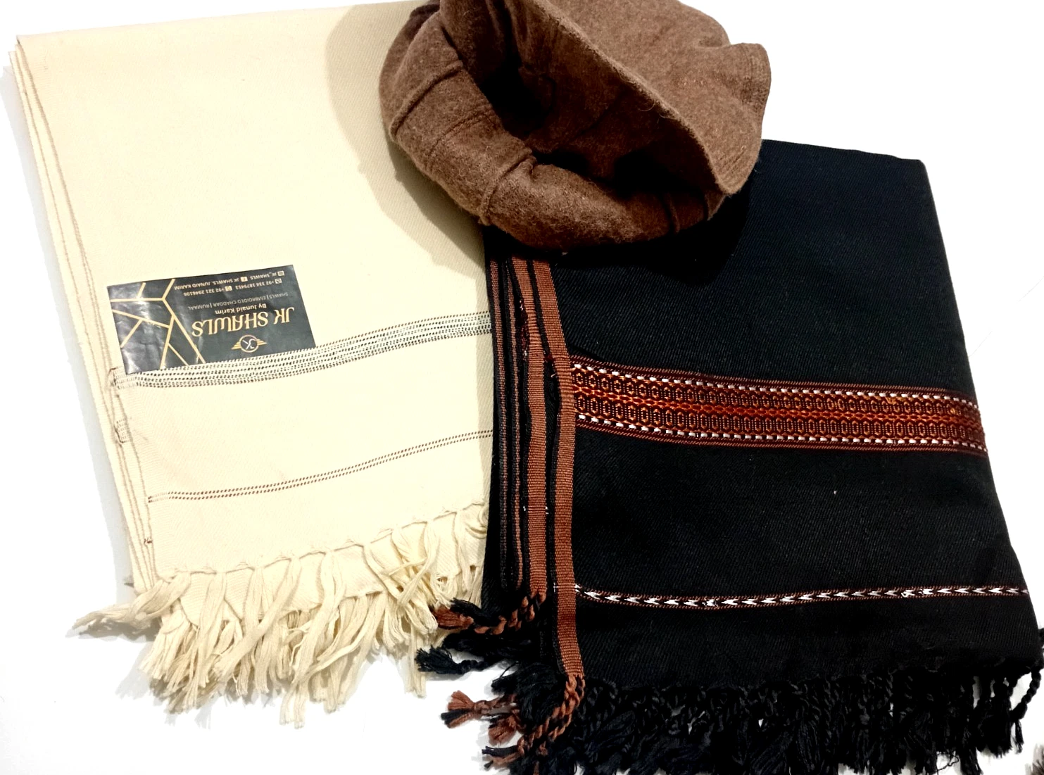 Handmade Afghan Pakol Wool Hat + 2 Tribal Shawls High Quality